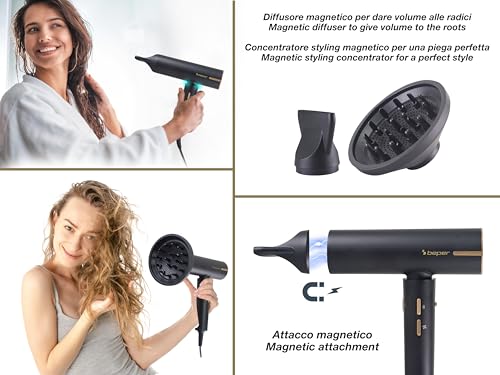 BEPER Sèche-cheveux sans balais 1800W 3 Vitesses 3 Températures LED Noir – Image 3
