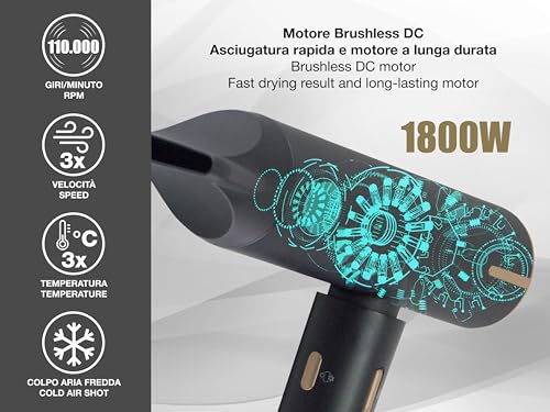 BEPER Sèche-cheveux sans balais 1800W 3 Vitesses 3 Températures LED Noir
