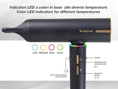 BEPER Sèche-cheveux sans balais 1800W 3 Vitesses 3 Températures LED Noir